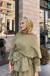 Şal Detay Pantolonlu Bel Bağlamalı Takım Yağ Yeşil