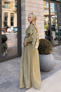 Şal Detay Pantolonlu Bel Bağlamalı Takım Yağ Yeşil