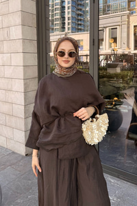 Şal Detay Pantolonlu Bel Bağlamalı Takım Kahverengi