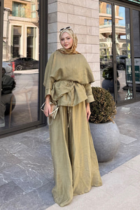Şal Detay Pantolonlu Bel Bağlamalı Takım Yağ Yeşil