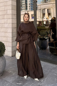 Şal Detay Pantolonlu Bel Bağlamalı Takım Kahverengi