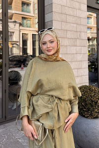 Şal Detay Pantolonlu Bel Bağlamalı Takım Yağ Yeşil