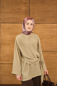 Şal Detay Yandan Bağlamalı Bluz Vizon