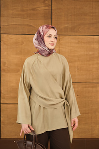 Şal Detay Yandan Bağlamalı Bluz Vizon