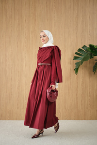Şal Detaylı Kemerli Poplin Elbise Bordo