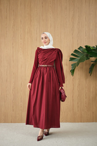Şal Detaylı Kemerli Poplin Elbise Bordo
