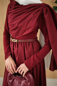 Şal Detaylı Kemerli Poplin Elbise Bordo