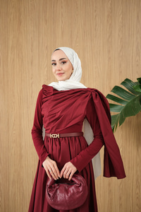 Şal Detaylı Kemerli Poplin Elbise Bordo