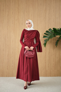 Şal Detaylı Kemerli Poplin Elbise Bordo