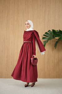 Şal Detaylı Kemerli Poplin Elbise Bordo