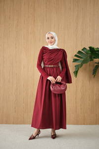 Şal Detaylı Kemerli Poplin Elbise Bordo