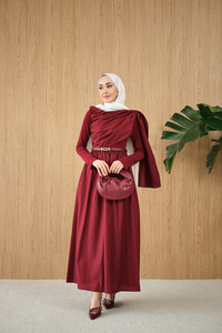 Şal Detaylı Kemerli Poplin Elbise Bordo