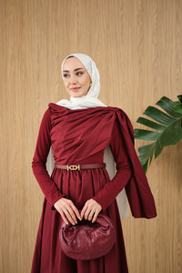 Şal Detaylı Kemerli Poplin Elbise Bordo