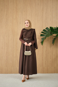 Şal Detaylı Kemerli Poplin Elbise Kahverengi