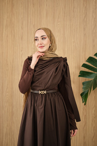 Şal Detaylı Kemerli Poplin Elbise Kahverengi
