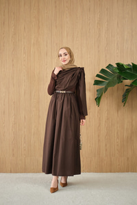 Şal Detaylı Kemerli Poplin Elbise Kahverengi