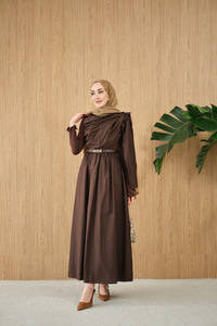 Şal Detaylı Kemerli Poplin Elbise Kahverengi