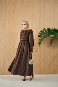 Şal Detaylı Kemerli Poplin Elbise Kahverengi