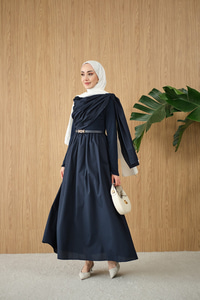Şal Detaylı Kemerli Poplin Elbise Lacivert