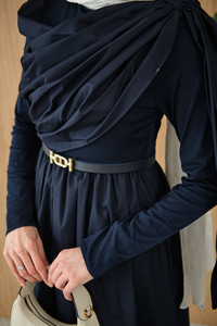 Şal Detaylı Kemerli Poplin Elbise Lacivert