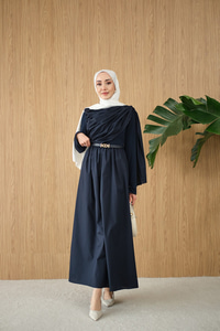 Şal Detaylı Kemerli Poplin Elbise Lacivert