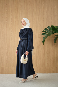 Şal Detaylı Kemerli Poplin Elbise Lacivert