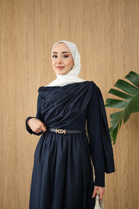 Şal Detaylı Kemerli Poplin Elbise Lacivert