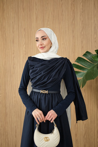 Şal Detaylı Kemerli Poplin Elbise Lacivert