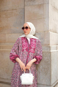 Saray Motifli Elbise Fuşya