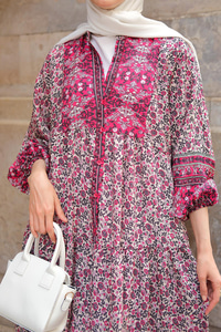 Saray Motifli Elbise Fuşya