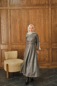 Şardonlu Deri Elbise Antrasit