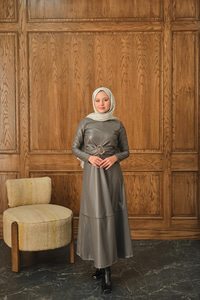 Şardonlu Deri Elbise Antrasit