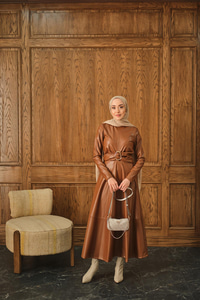 Şardonlu Deri Elbise Taba