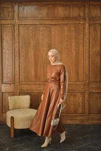 Şardonlu Deri Elbise Taba