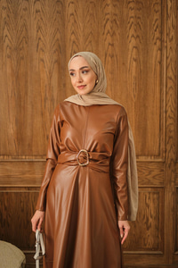 Şardonlu Deri Elbise Taba