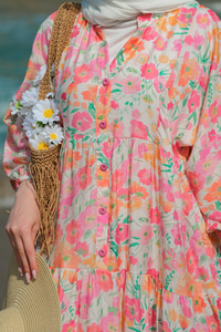 Sarmaşık Çicek Desenli Elbise Pembe