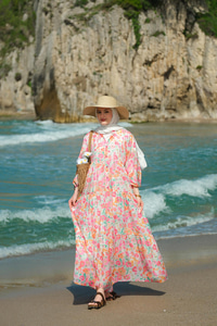 Sarmaşık Çicek Desenli Elbise Pembe