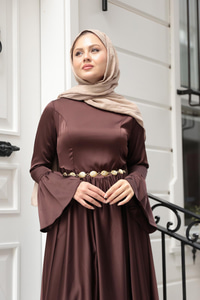 Saten Kiloş Etekli Elbise Kahverengi