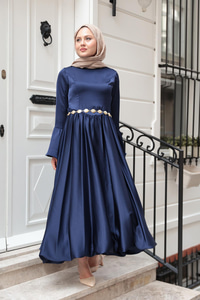 Saten Kiloş Etekli Elbise Lacivert