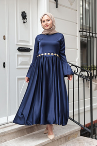 Saten Kiloş Etekli Elbise Lacivert