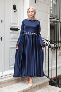 Saten Kiloş Etekli Elbise Lacivert