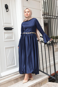 Saten Kiloş Etekli Elbise Lacivert