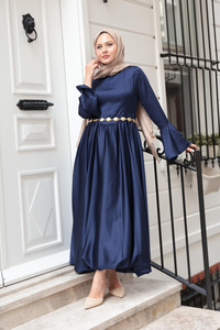 Saten Kiloş Etekli Elbise Lacivert