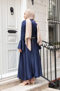 Saten Kiloş Etekli Elbise Lacivert