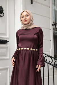Saten Kiloş Etekli Elbise Mürdüm