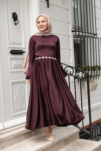 Saten Kiloş Etekli Elbise Mürdüm