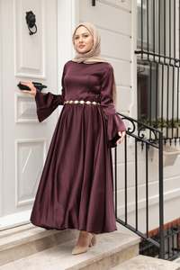 Saten Kiloş Etekli Elbise Mürdüm
