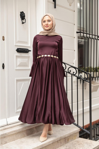 Saten Kiloş Etekli Elbise Mürdüm