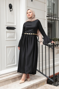 Saten Kiloş Etekli Elbise Siyah
