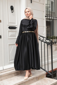 Saten Kiloş Etekli Elbise Siyah